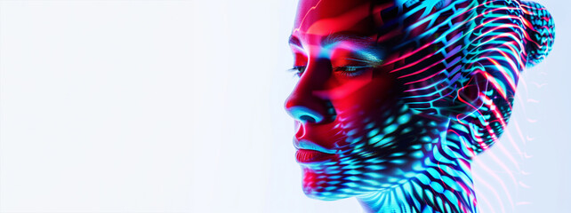 Wall Mural - A woman's face is shown in a blue and red light. The image is abstract and has a futuristic feel to it. patterned female model , small dots and lines
