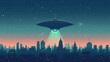 Classic UFO Flying Saucer Hovering Over Cityscape