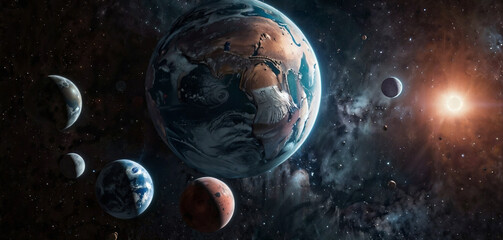 Wall Mural - Earth in space with other planets scene.