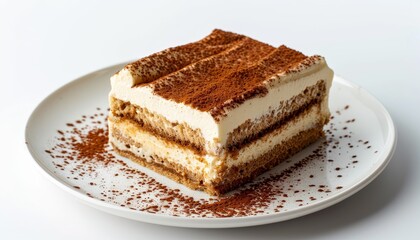 Wall Mural - Italian sweet dessert concept with tiramisu cake on white background close up