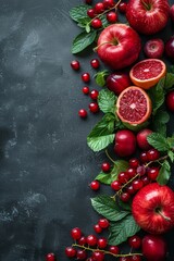 Wall Mural - Top view banner with set of red fruits grapefruit, apples, currants and mint leaves, copy space