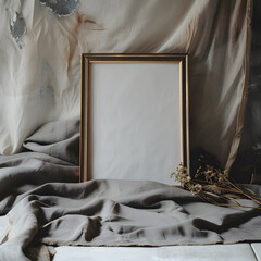 Wall Mural - photo frame on the fabric background, classic wooden frame