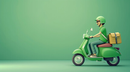 3D rendering cartoon character Food delivery driver in green uniform drives motorcycle or scooter in side view.Quick shipping of goods to customers concept