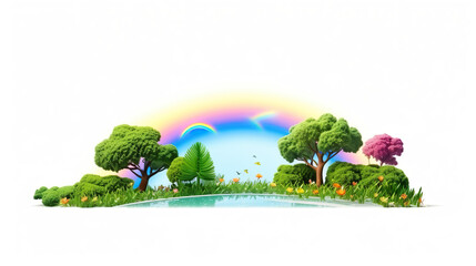 a background of a nature park featuring an isolated rainbow in the sky on a stark white background