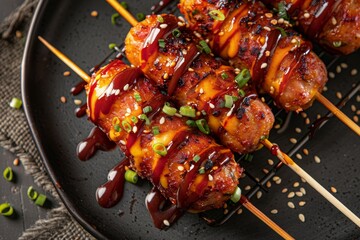 Poster - Korean corn dogs are made with sausage cheese on skewer batter and toppings on plate