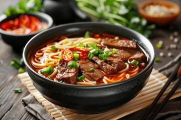Wall Mural - Lanzhou beef noodle soup with sliced beef served in a bowl on table