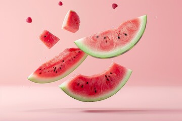 Wall Mural - Levitating watermelon slice on pink background Summer fruit trendy creative food for Watermelon Day on August 3