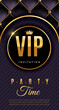 Vip banner. Premium invitation event card, dark background and golden letters. Modern elegant style glamour decor. Vertical abstract luxurious flyer. Copy space for text. Vector illustration