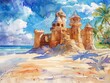 Bright pastel watercolor of a grand sandcastle, set in tropical beach paradise, hand drawn, embodying summer