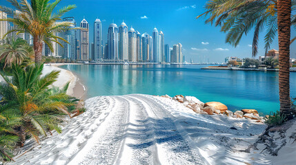 Poster - Iconic view of Modern skyscrapers city line and white sand beach with blue ocean water, panorama 