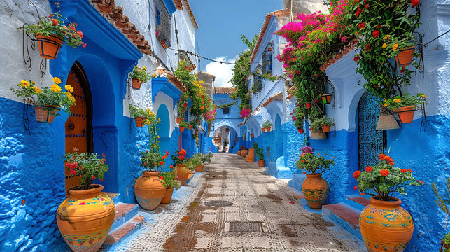Long narrow street with beautiful blue and white houses decorated with flowers and  inspired by Morocco culture  