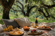 Picnic in the Park: A cozy picnic blanket is spread out under the shade of a tree, adorned with an assortment of delicious treats and a bottle of champagne. The couple reclines aga