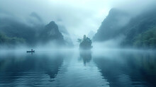 Beautiful Minimalistic Landscape Of  Thailand Bay With Tall Rocks, Morning Fog  And Reflections 