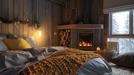 Wall Mural - A Scandinavian-style bedroom with a hygge fireplace and knitted textures 32k, full ultra hd, high resolution