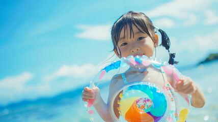 夏の海で遊ぶ日本人の子供