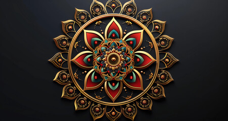 Wall Mural - Complete golden mandala with decorative pattern frame isolated on a dark background