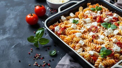 Wall Mural - tasty pasta with tomatoes and feta cheese on the table generative ai