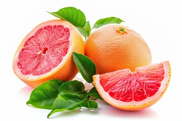 Wall Mural - Grapefruit with leaves isolated on white background macro shot