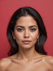 Poster - plain red background close-up portrait of hispanic mexican beautiful woman from Generative AI