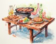 Tasty BBQ setup in bright pastel watercolor, hand drawn, vibrant summer cookout theme
