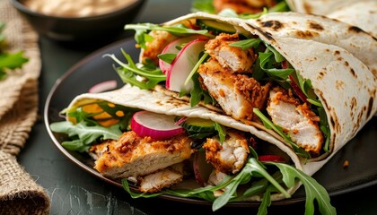 Sticker - Mexican burritos or tacos with tasty fried chicken arugula cucumber radish red onion and wheat tortilla sauce for lunch