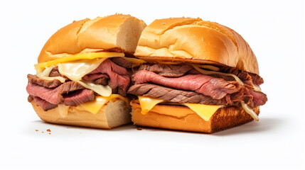 Isolated sandwich of roast beef and cheese bun on a white background