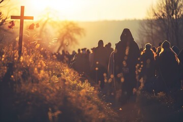 Wall Mural - Christian Ceremony of Crossing Hill During Holy Week Symbolizes Traditional Beliefs. Concept Religious Ceremonies, Traditional Beliefs, Holy Week Customs