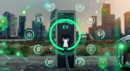 Wall Mural - Electric vehicle charger with virtual digital EV icons