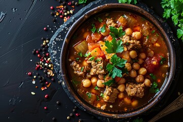 Wall Mural - Moroccan harira soup with meat chickpeas lentils tomatoes and spices Served during Ramadan Exotic dish on dark background