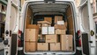 © LimeSky - Moving cardboard packages are being unloaded from a white delivery van on a city street