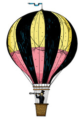 Gentleman looks in telescope in a basket of air balloon. Vintage aerostat transport color sketch engraving PNG illustration. Scratch board style imitation. Black and white hand drawn image.