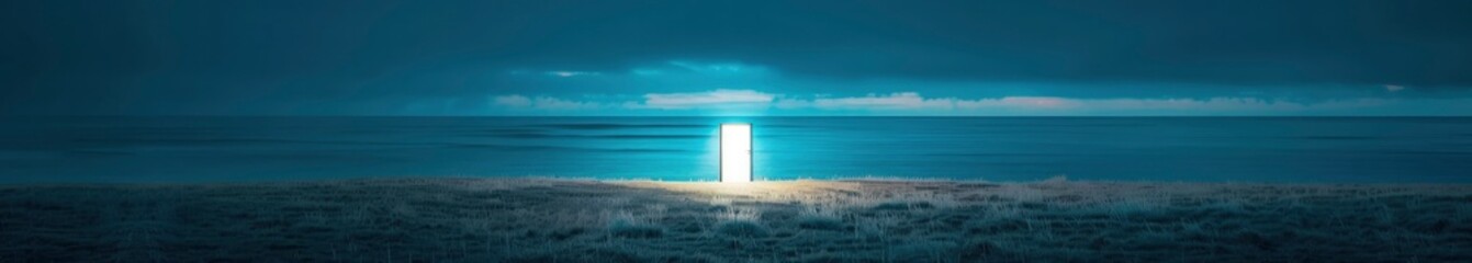 Wall Mural - An open grassy field with the ocean in the backdrop, a door of bright light standing by itself. The sky is cloudy and has a dark blue hue.