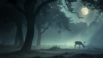 Canvas Print - AI-generated illustration of a deer gazing in a dark forest setting illuminated by the moon