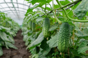 Wall Mural - Organic cucumber farming Fresh green veggies growing in greenhouse