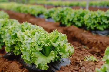 Wall Mural - Organic green lettuce grown in red soil with black polyethylene film in a Portuguese greenhouse Healthy eating concept Farming for food production
