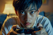 AI generated illustration of a young man gaming in low light with a controller