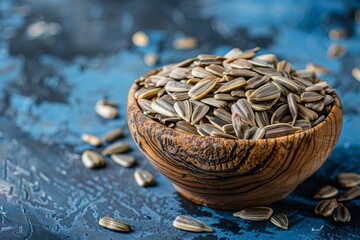 Canvas Print - Organic sunflower seeds in a bowl against blue background High quality image