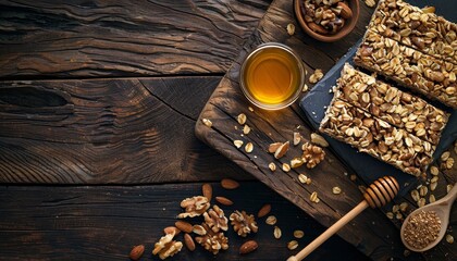 Canvas Print - Organic vegan granola bars with nuts seeds honey and cereals Homemade on rustic wooden background