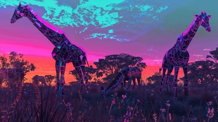 Poster - AI generated illustration of robotic giraffes silhouetted against a beautiful sunset backdrop