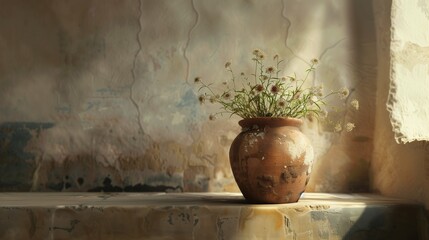 Poster - AI generated illustration of a small potted plant in a vase on a windowsill