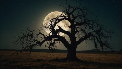 Canvas Print - the moon shining over an oak tree in the country at night