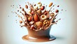 A dynamic scene where chocolate milk is splashing, mixing with nuts, and other items, creating a visually appealing composition rich in texture and flavor.