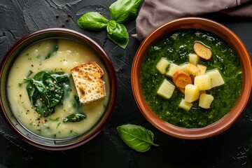 Wall Mural - Overhead view of spinach and potato soup with bread in bowl on black background