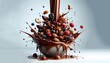 A chocolate fountain is seen overflowing with a variety of fresh fruits and nuts. The rich chocolate cascades down in a mesmerizing display, coating the fruit and nuts for a delicious treat.