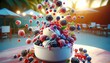 A bowl filled with various types of fresh berries, such as strawberries, blueberries, and raspberries, topped with a scoop of creamy vanilla ice cream.