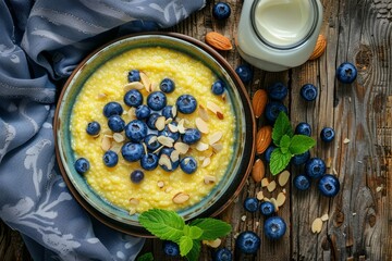 Wall Mural - Polenta dish with blueberries and almonds on wooden table Creamy polenta soup Vegetarian healthy Top view