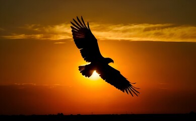 Wall Mural - AI generated illustration of an eagle soaring at sunset over water's edge