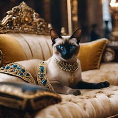 AI generated illustration of a Siamese cat lounging on luxurious gold sofa in elegant room