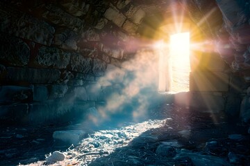 Wall Mural - Empty tomb emits light rays as a symbol of Easter resurrection in Christianity. Concept Easter Resurrection, Christianity, Empty Tomb, Light Rays, Symbolism