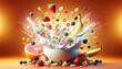 A variety of colorful fruit and crunchy cereal are seen splashing into a white bowl, creating a dynamic and vibrant scene of breakfast preparation.